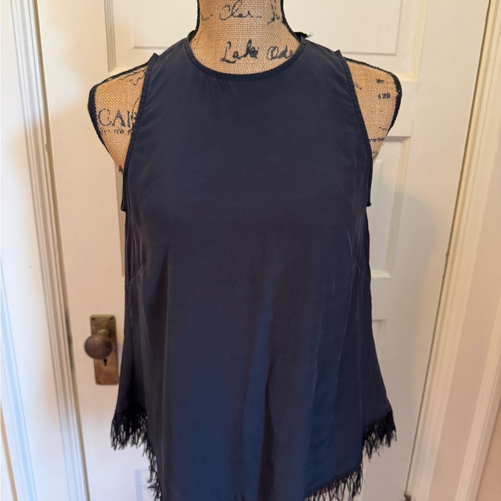 Marie Oliver Silk Open Back Black Sleeveless Top with Fringe Hem
